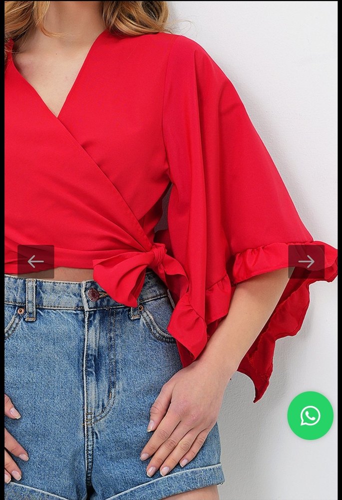 Kırmızı Kuşaklı V Yaka Mini Bluz - Görsel 4