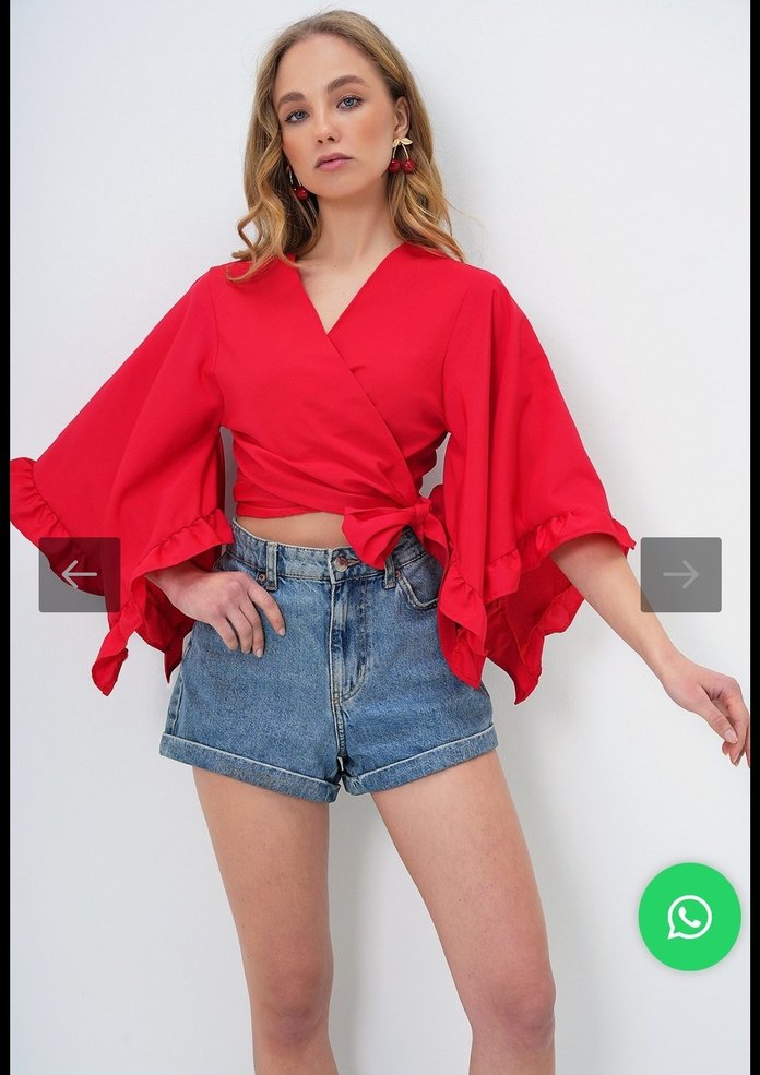 Kırmızı Kuşaklı V Yaka Mini Bluz - Görsel 5