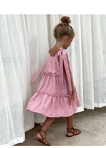 Pembe Fırfırlı Keten Askılı Kız Elbisesi - Görsel 2