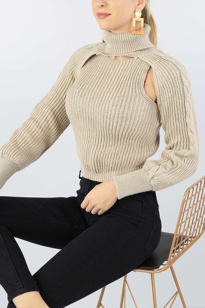 Kadın Camel renk Balıkçı Yaka Kısa Triko Kazak - Görsel 2