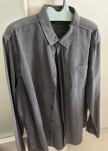 Gri Erkek Denim Gömlek, Uzun Kollu, Düğmeli