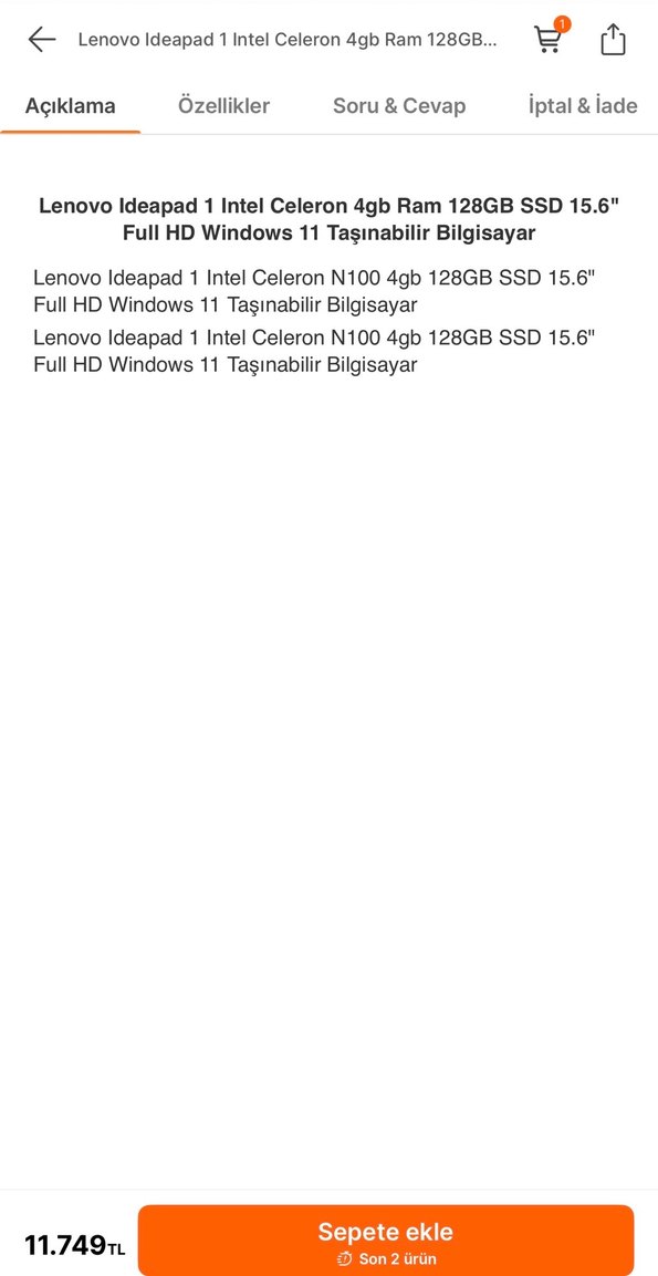 Lenovo Ideapad 1 Intel Celeron 4GB RAM 128GB SSD - Görsel 3