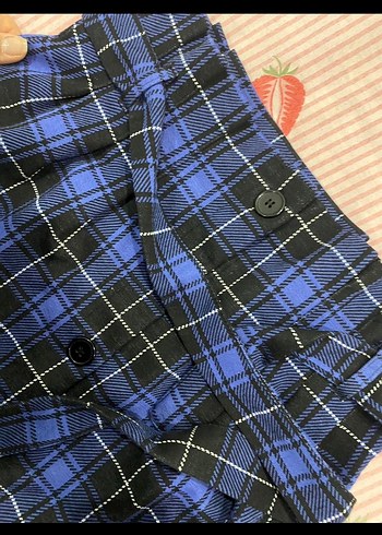 Kemerli Lacivert Ekose Mini Etek - Görsel 3