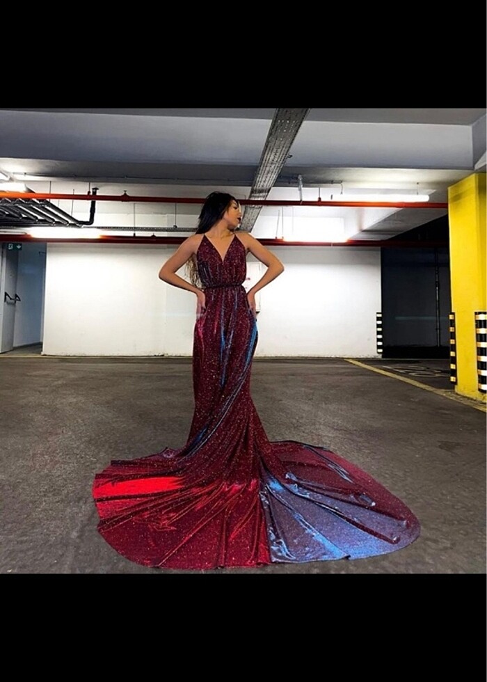 Bordo simli hologramlı abiye elbise - Görsel 2