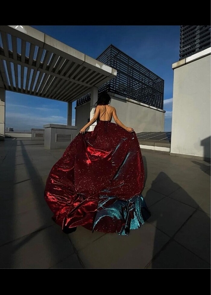Bordo simli hologramlı abiye elbise - Görsel 4