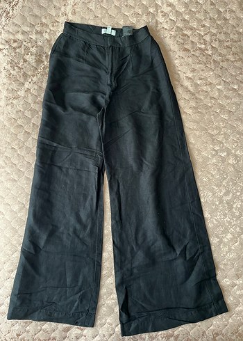 Siyah Keten Midi Bol Kesim Kadın Pantolon - Görsel 3