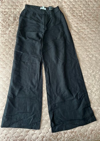 Siyah Keten Midi Bol Kesim Kadın Pantolon - Görsel 4