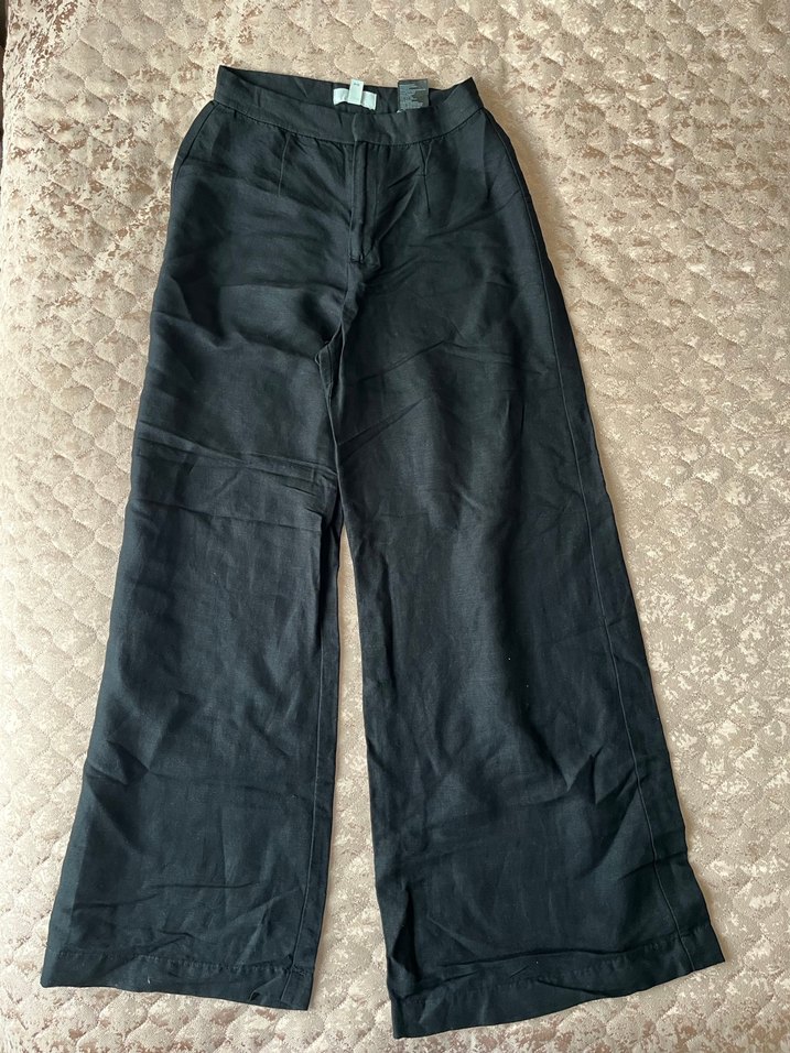 Siyah Keten Midi Bol Kesim Kadın Pantolon - Görsel 3