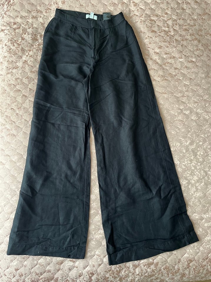 Siyah Keten Midi Bol Kesim Kadın Pantolon - Görsel 4