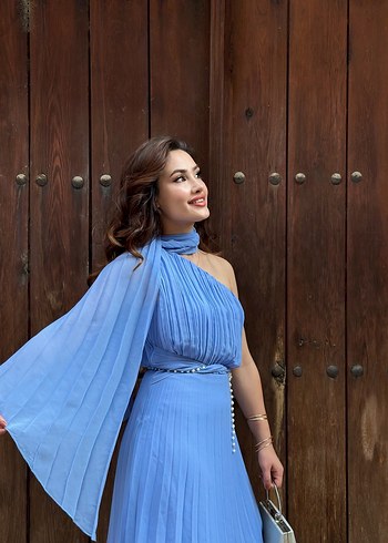 Zara Mavi Drapeli Mini Elbise