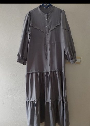 Gri Uzun Keten Elbise, Fırfırlı, Bol Kesim