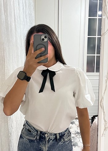 Kadın Beyaz Denim Kısa Kollu Bluz - Görsel 2