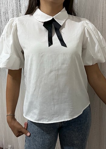 Kadın Beyaz Denim Kısa Kollu Bluz - Görsel 3