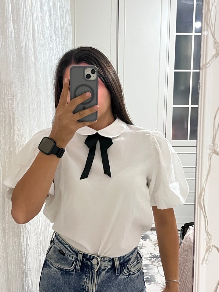 Kadın Beyaz Denim Kısa Kollu Bluz - Görsel 2