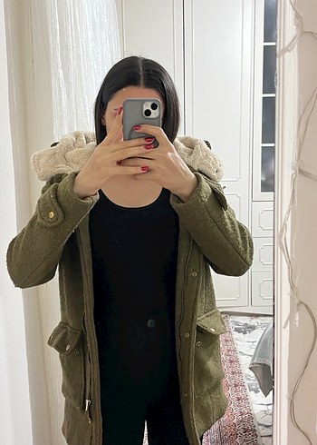 Yağ yeşili kaşe Midi kürklü kaban - Görsel 2