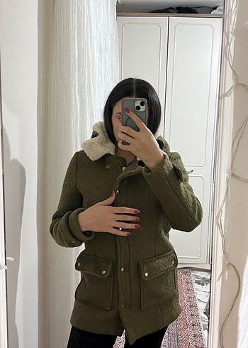 Yağ yeşili kaşe Midi kürklü kaban - Görsel 5