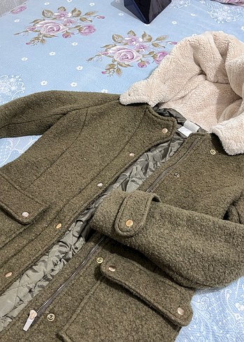 Yağ yeşili kaşe Midi kürklü kaban - Görsel 13