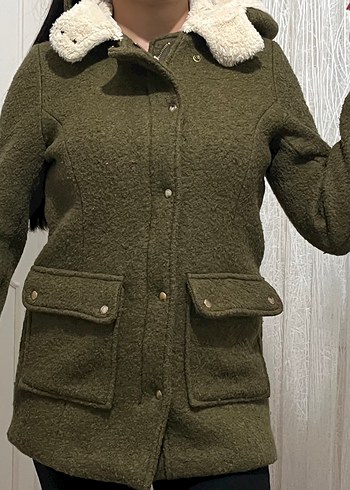 Yağ yeşili kaşe Midi kürklü kaban - Görsel 8