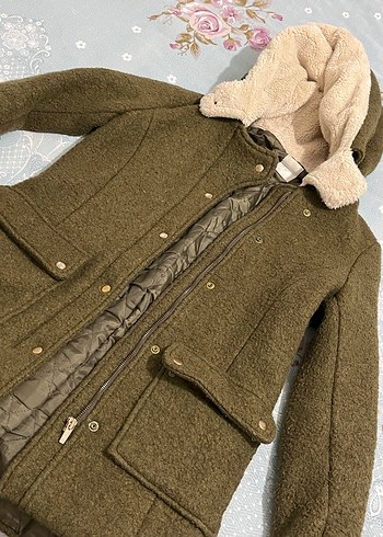 Yağ yeşili kaşe Midi kürklü kaban - Görsel 10