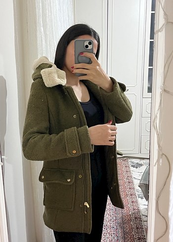 Yağ yeşili kaşe Midi kürklü kaban - Görsel 3