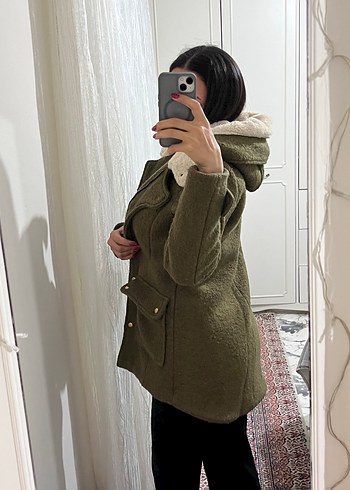 Yağ yeşili kaşe Midi kürklü kaban - Görsel 4