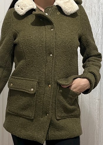 Yağ yeşili kaşe Midi kürklü kaban - Görsel 7