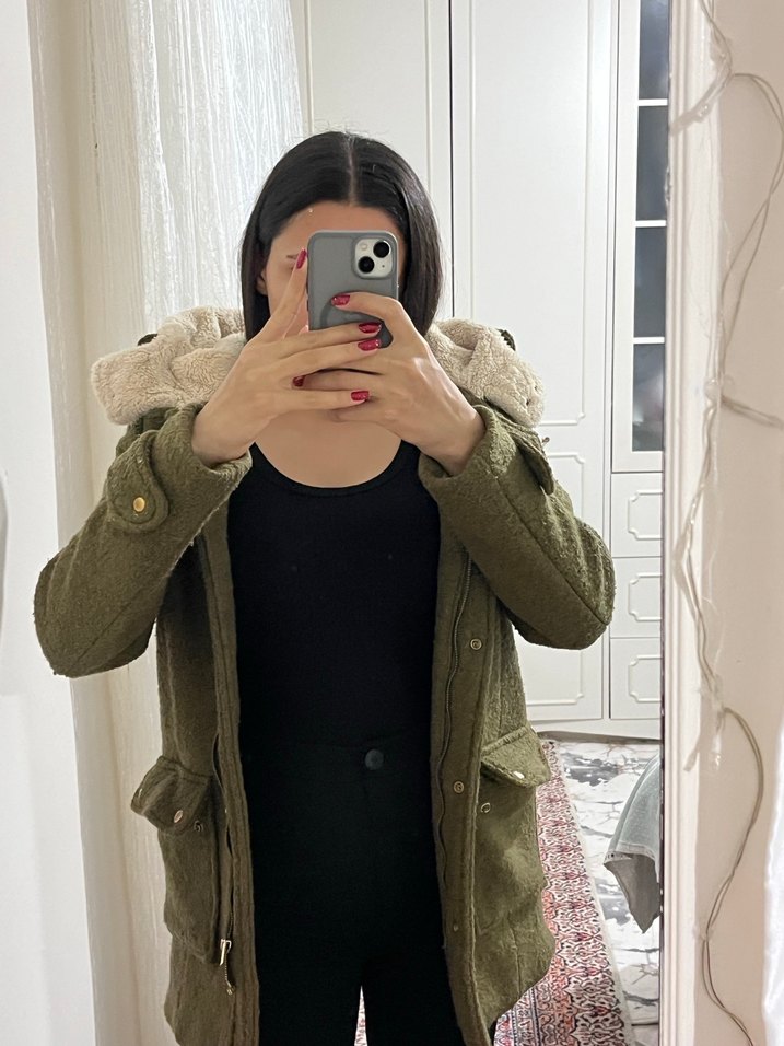 Yağ yeşili kaşe Midi kürklü kaban - Görsel 2