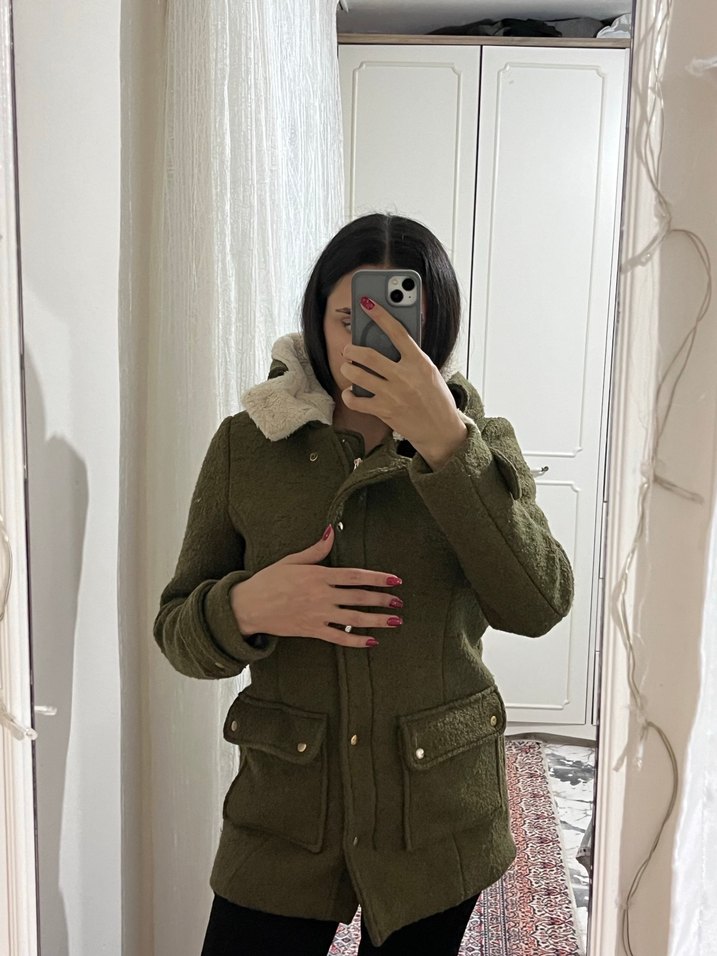 Yağ yeşili kaşe Midi kürklü kaban - Görsel 5