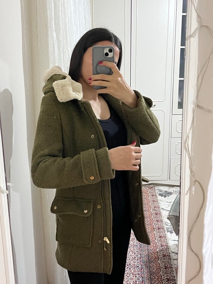 Yağ yeşili kaşe Midi kürklü kaban - Görsel 3