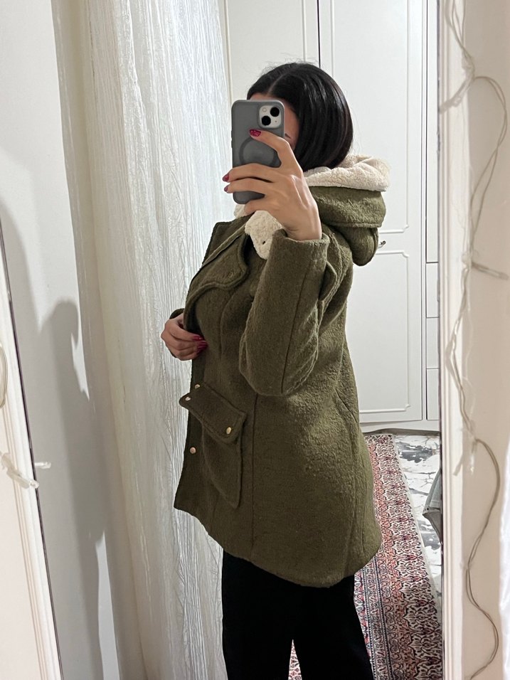 Yağ yeşili kaşe Midi kürklü kaban - Görsel 4