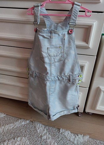 Kız Çocuk Gri Düğmeli Denim Tulum
