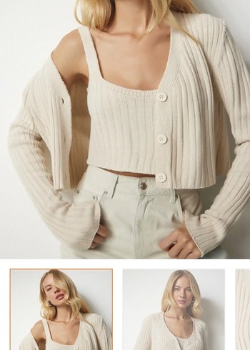 Düğmeli Beyaz Triko Hırka 2li Takım - Görsel 3