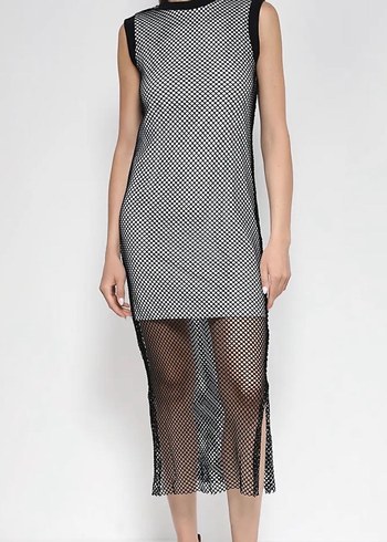 Kadın Gri Ekose Uzun Dantel Elbise - Görsel 2