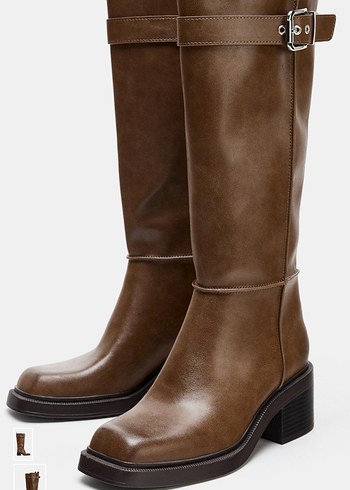 Kahverengi Tokalı Kadın Diz Üstü Deri Çizme - Görsel 3
