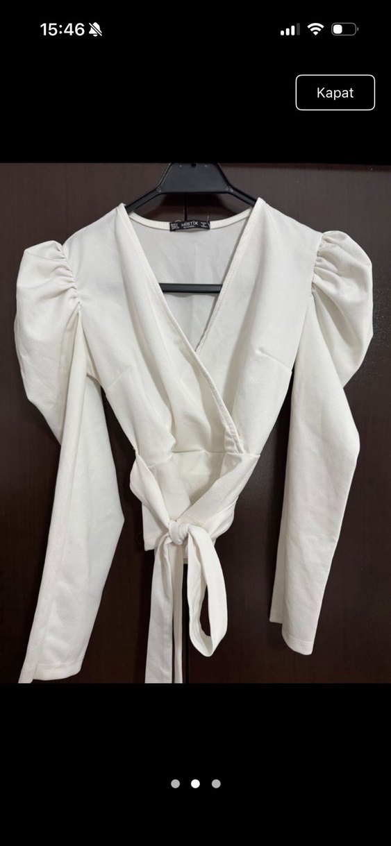 Beyaz V Yaka Keten Mini Bluz - Görsel 2