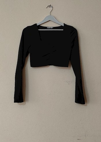 Siyah V Yaka Keten Crop Bluz