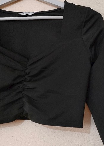 Byblos Siyah V Yaka Keten Crop Bluz