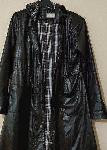 Düğmeli Siyah Deri Uzun Yağmurluk - Görsel 3