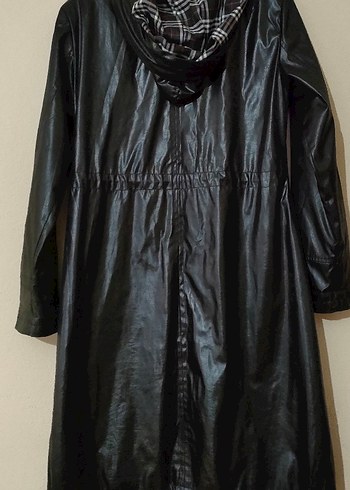 Düğmeli Siyah Deri Uzun Yağmurluk - Görsel 5