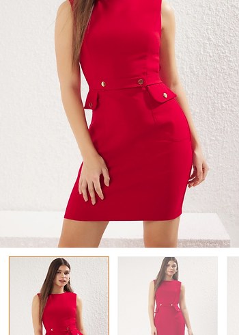 Kırmızı Kemerli Kolsuz Mini Kalem Elbise