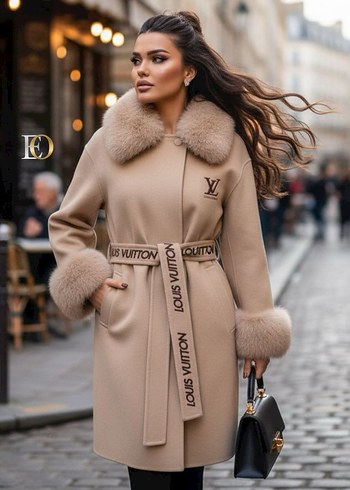 Louis Vuitton LV Kürk Detaylı Siyah Kadın Uzun Deri Kaban