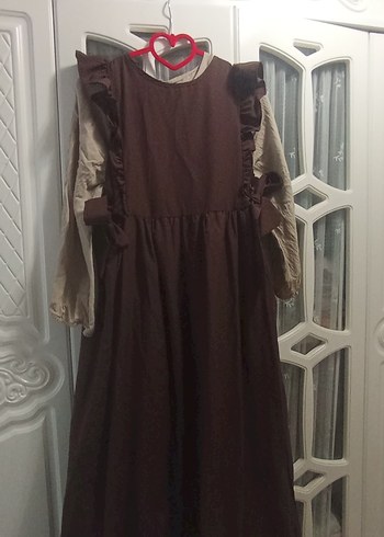 Kahverengi Uzun Pamuklu Fırfırlı Elbise - Görsel 3