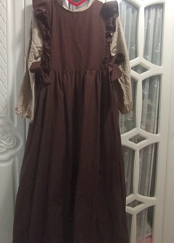 Kahverengi Uzun Pamuklu Fırfırlı Elbise - Görsel 2