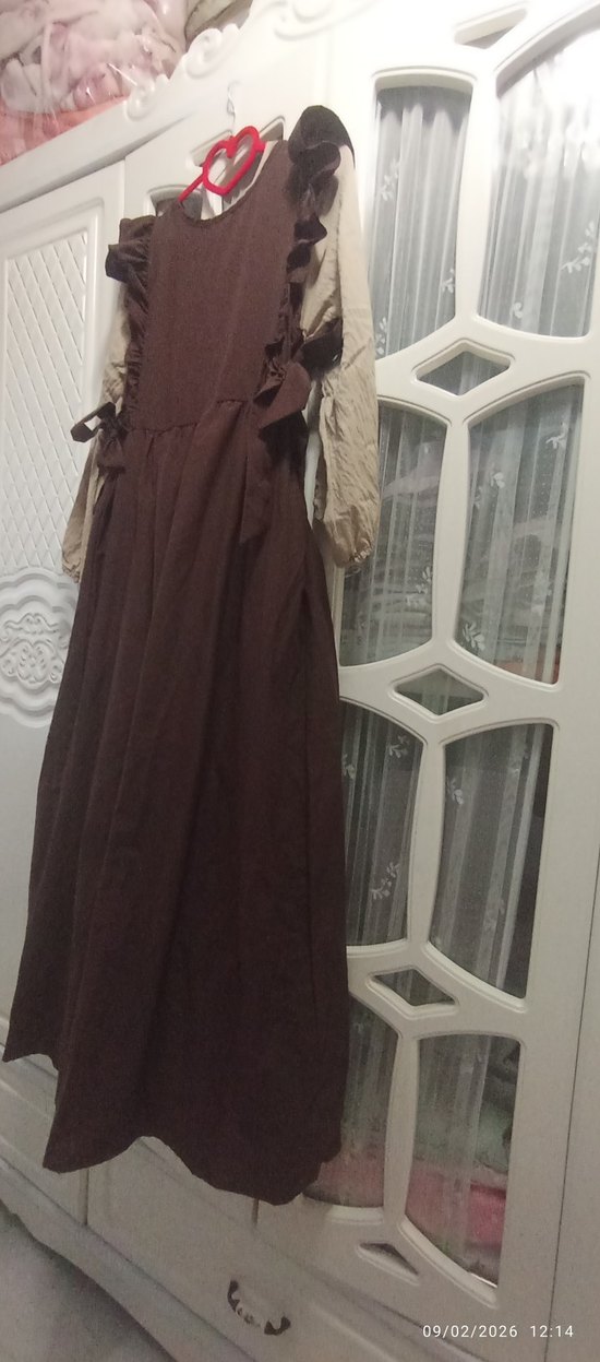 Kahverengi Uzun Pamuklu Fırfırlı Elbise - Görsel 4