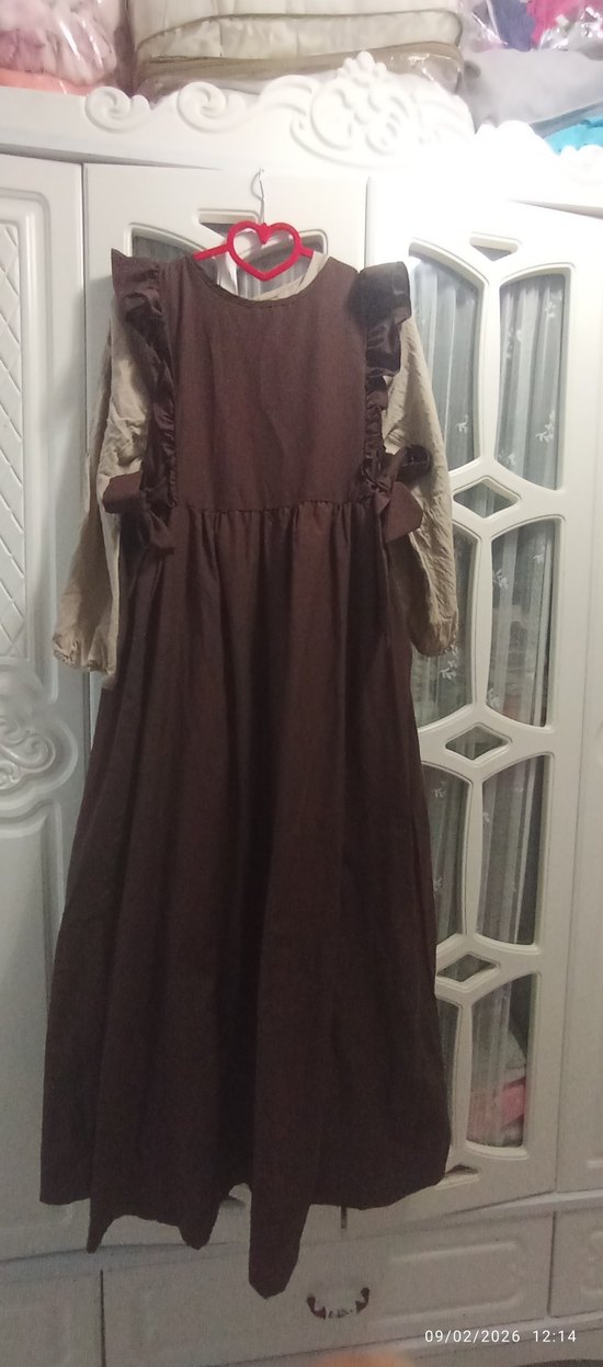 Kahverengi Uzun Pamuklu Fırfırlı Elbise - Görsel 2
