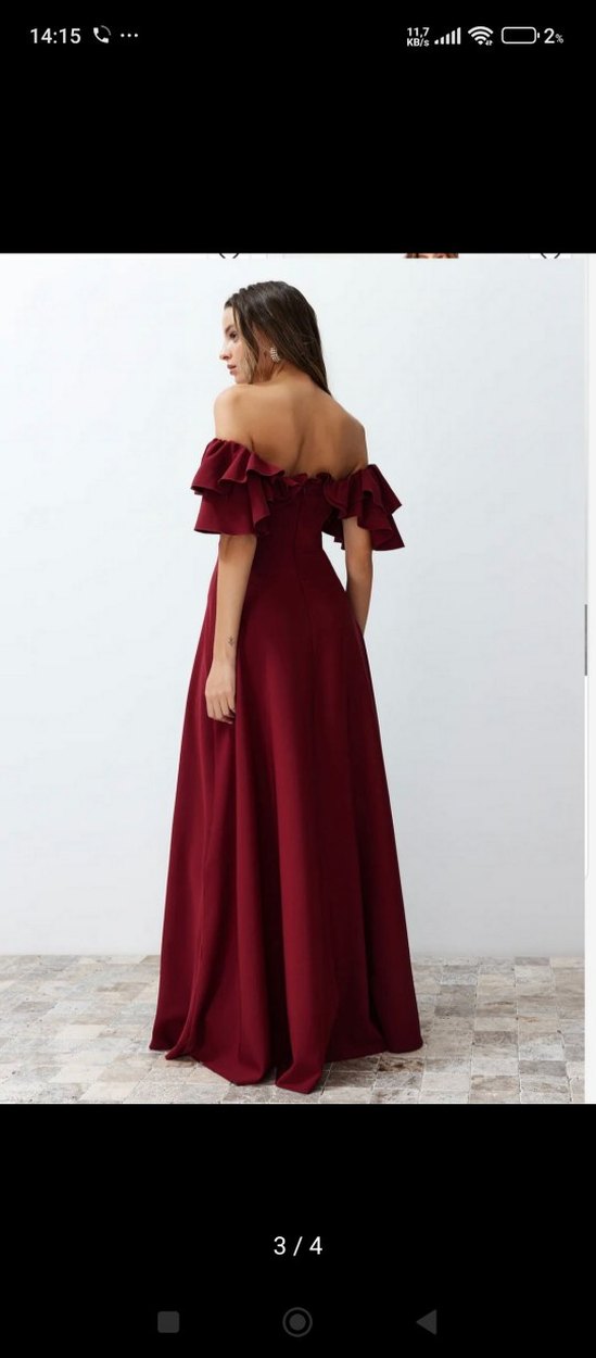 Bordo Uzun Fırfırlı Kayık Yaka Elbise - Görsel 3