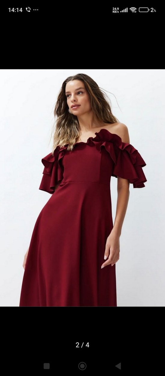 Bordo Uzun Fırfırlı Kayık Yaka Elbise - Görsel 2