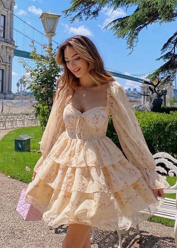 Sarı Renkli Fırfırlı Mini Bohem Elbise