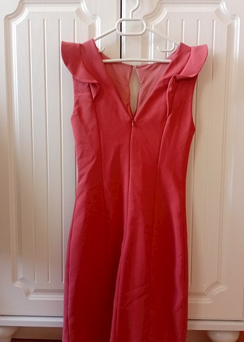 Pembe V Yakalı Fırfırlı Midi Elbise - Görsel 5