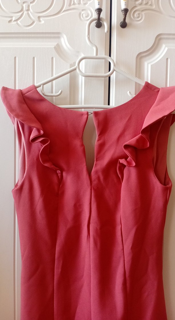 Pembe V Yakalı Fırfırlı Midi Elbise - Görsel 2